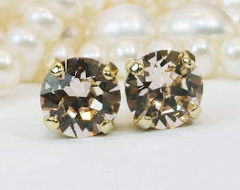Silk Stud Earrings,Champagne Silk Blush Gold Single Stone 8mm Crystal studs Light Peach,Crystal post 8mm Swarovski studs,Gold finish,GE1