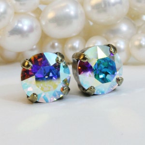AB Stud Earrings, Aurora Borealis Crystal Earrings, Bridesmaids Gift, Rhinestone Post Earrings, Bridal Jewelry, Sparkly Earrings, 8mm,BE1