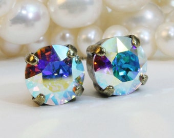 AB Stud Earrings, Aurora Borealis Crystal Earrings, Bridesmaids Gift, Rhinestone Post Earrings, Bridal Jewelry, Sparkly Earrings, 8mm,BE1