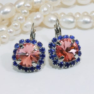 Royal Blue Coral Earrings Sapphire Peach European Crystal Drop Earrings Blue Cobalt large Halo Dangle Earrings ,Silver ,Rose Peach SE98