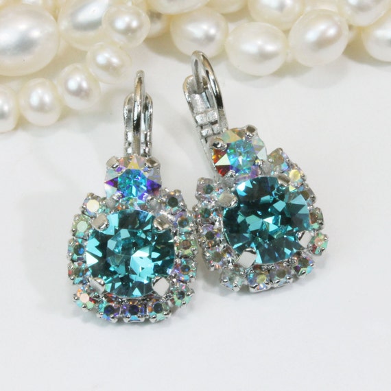 Aqua Blue Earrings Teal Swarovski Crystal Drop | Etsy