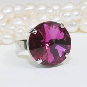 Fuchsia Ring Pink Adjustable Fuchsia Ring Berry Hot Pink Cocktail Statement Ring 18mm Rivoli European Crystal Silver finish,Fuchsia,SR47