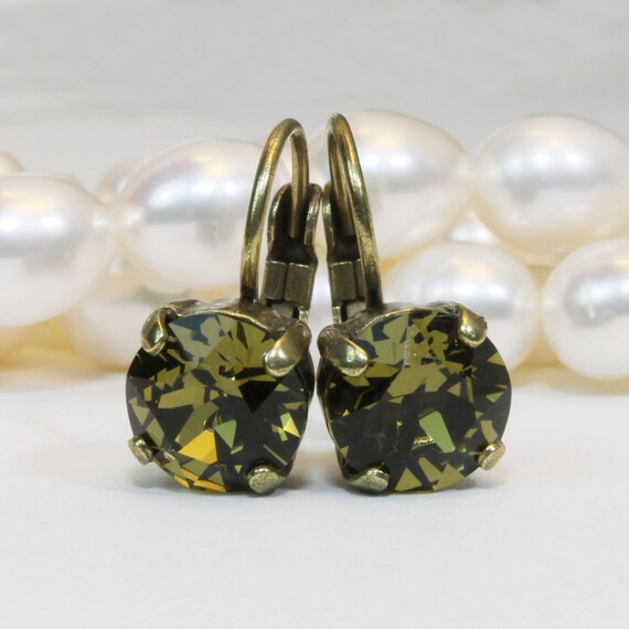Khaki Earrings Olive Green 8mm Crystal Drop Leverback Earring Etsy