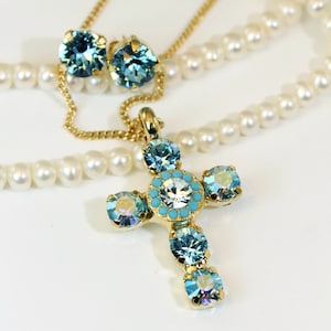Turquoise Cross Necklace Aqua Blue Crystal Cross Pendant Necklace Aquamarine European Crystal rhinestones Gold finish,TURQUOISE SKY GN32