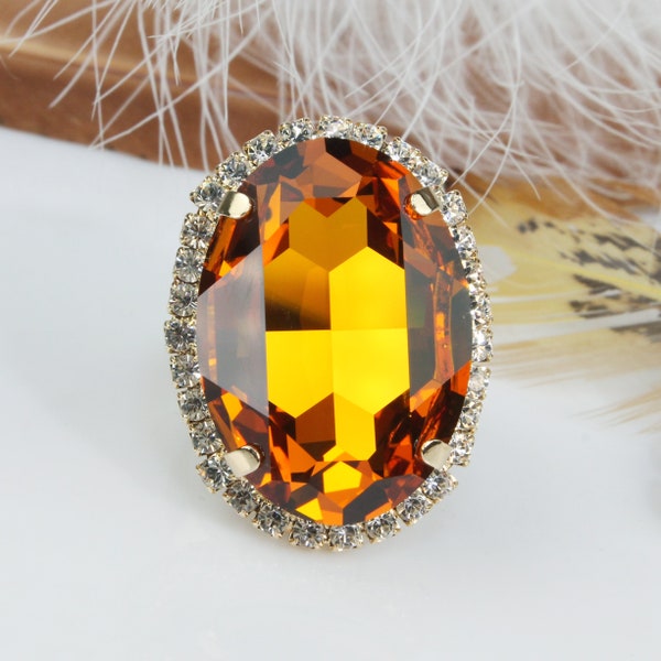 Yellow Topaz Ring, Orange Stone Ring, Oval Cocktail Ring, Huge Bridal Ring, Honeycomb Wedding Jewelry, Large Crystal Ring, Gift For Her GR80