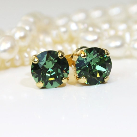 Green Stud Earrings Bottle Green Men Single stone Green Post Earrings Sea glass Bridesmaids 8mm studs Wedding Jewelry, Gold,Erinite,GE1