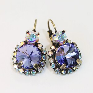 Purple Crystal Earrings Bridal Drop European Earrings AB Tanzanite Lavender Halo Earrings Purple wedding ,European,Brass,Tanzanite,BE102