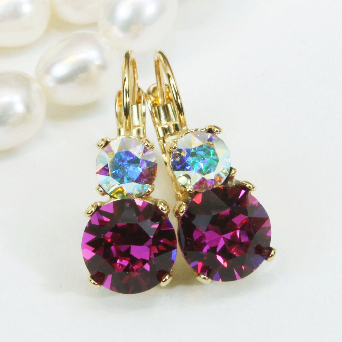 Fuchsia Gold Earrings Swarovski Crystal Fuchsia Pink Drop Etsy
