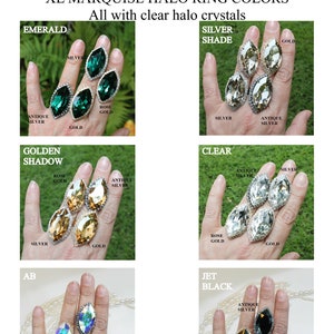 May include: Six different color variations of a marquise halo ring with clear halo crystals. The ring settings are available in antique silver, rose gold, and gold. The ring colors are emerald, golden shadow, clear, AB, and jet black.