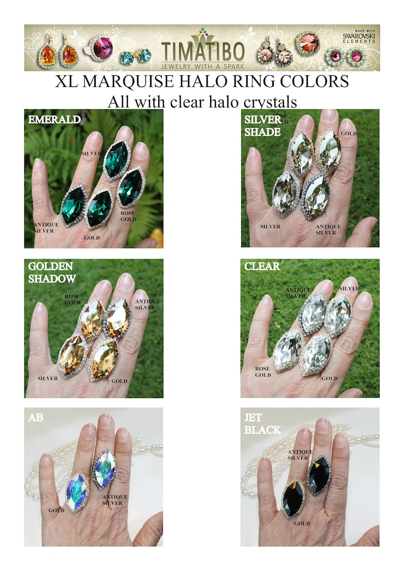 May include: Six different color variations of a marquise halo ring with clear halo crystals. The ring settings are available in antique silver, rose gold, and gold. The ring colors are emerald, golden shadow, clear, AB, and jet black.