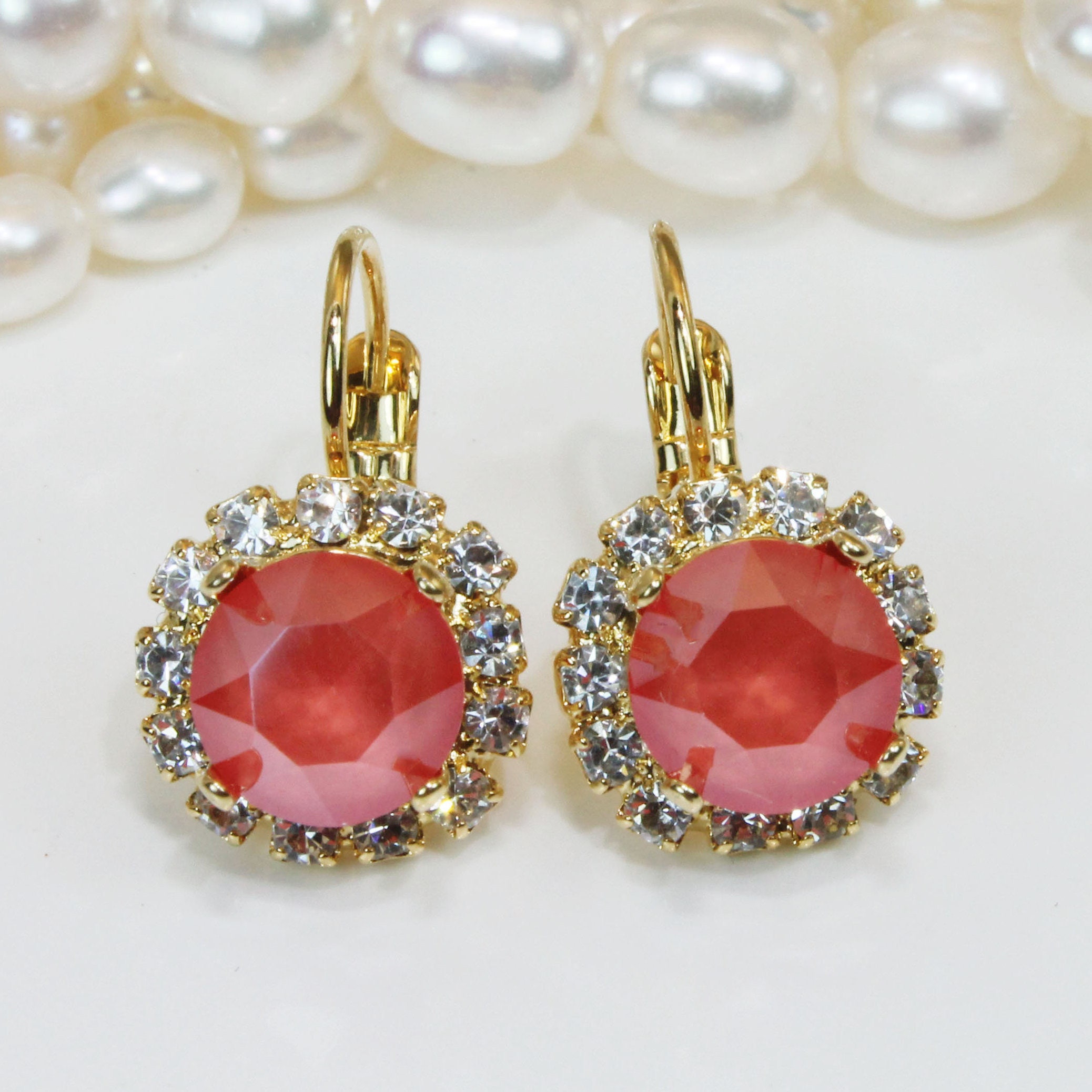 Coral Earrings Drop Dangle Crystal Light Coral Drop Earrings Salmon Pink Orange Wedding Bridesmaids Bridal Clear Halo,Gold,Light Coral,GE96