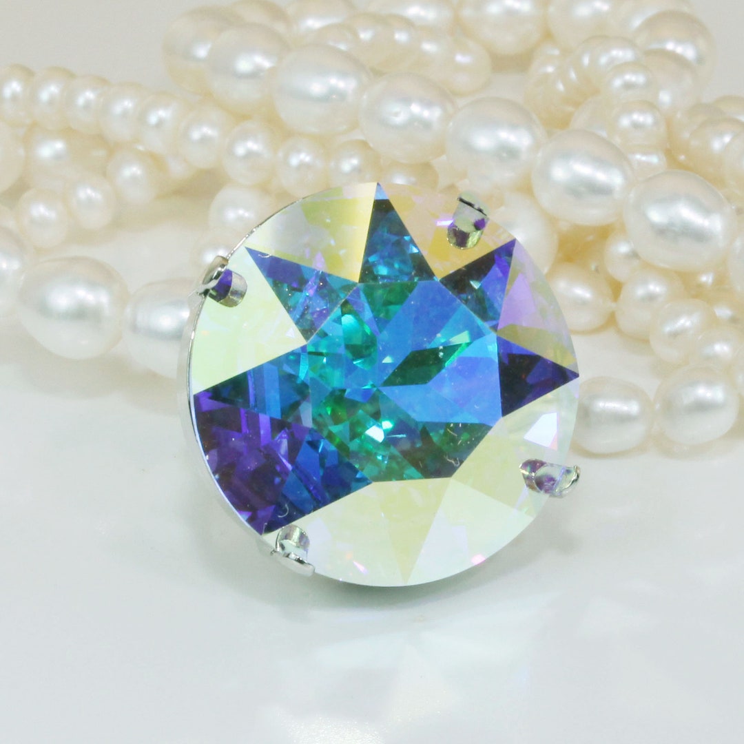 Round AB Crystal Statement Ring - Adjustable Aurora Borealis Rainbow ...