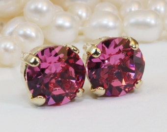 Pink European Studs Pink Crystal Studs Rose Pink Gold Post Earrings Pink Wedding Pink Single stone Studs Pink 8mm Studs,Gold,Rose,GE1