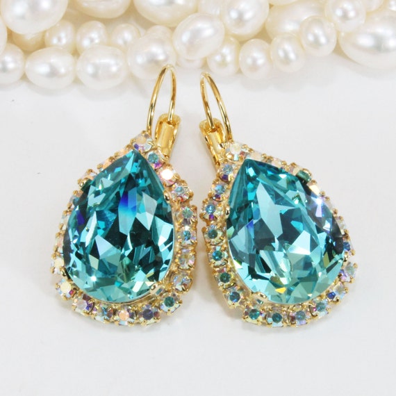Aqua Bridal Teardrop Earrings Blue Swarovski AB Halo Crystal | Etsy
