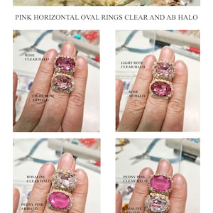 May include: A collection of horizontal oval rings featuring pink center stones in various shades including rose, light rose, rosaline, and peony pink. Each ring is surrounded by a halo of clear or AB crystals. Text reads TIMATIBO and PINK HORIZONTAL OVAL RINGS CLEAR AND AB HALO.
