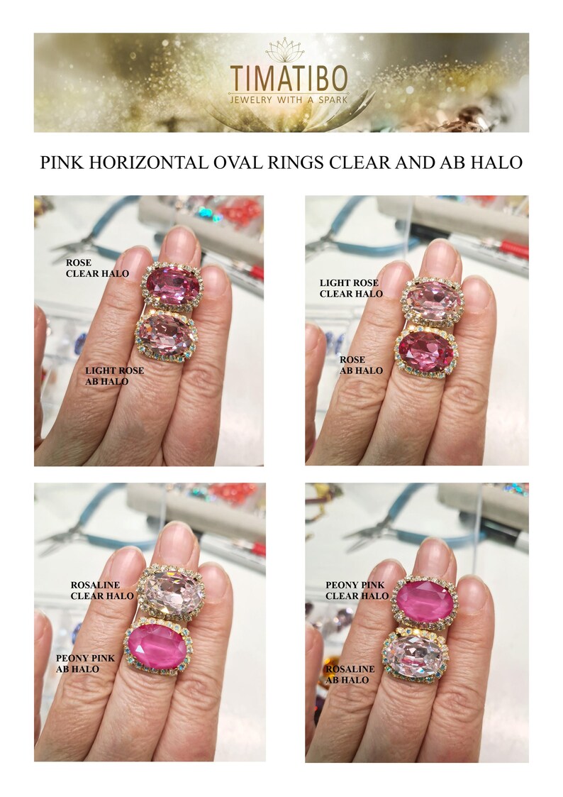 May include: A collection of horizontal oval rings featuring pink center stones in various shades including rose, light rose, rosaline, and peony pink. Each ring is surrounded by a halo of clear or AB crystals. Text reads TIMATIBO and PINK HORIZONTAL OVAL RINGS CLEAR AND AB HALO.