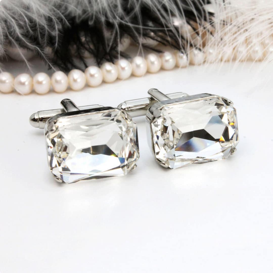 Clear White Cuff Links, Diamond Like Jewelry, Rectangle Crystal