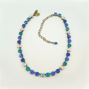 Teal Green Royal Blue Necklace Sapphire Blue Cobalt Peacock 8mm Rhinestone European Crystal choker Set,Brass,Tennis Necklace,OCEAN MIST BN1