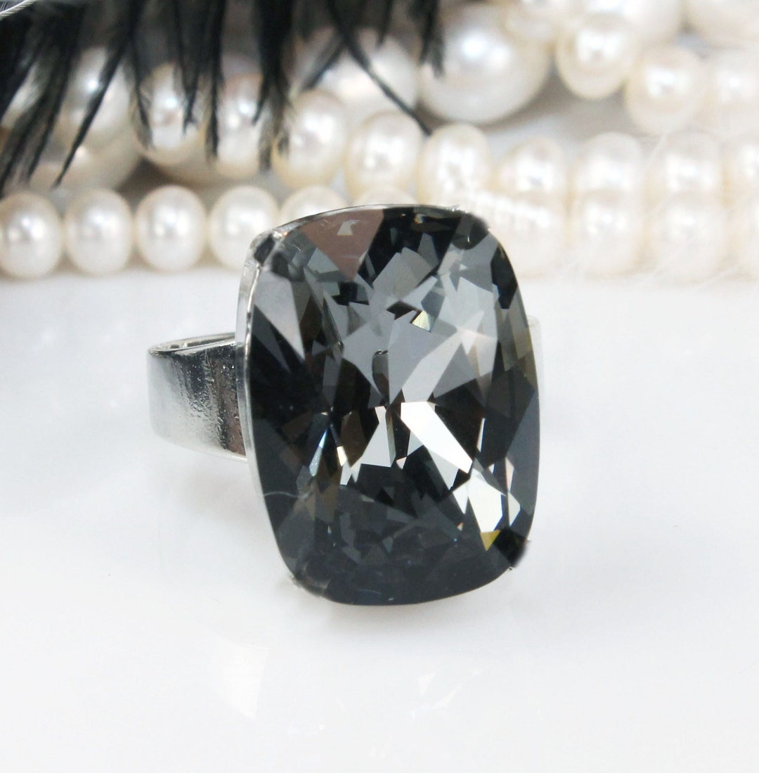 Grey Ring Cocktail Adjustable Crystal Ring Fancy Rectangle Charcoal ...