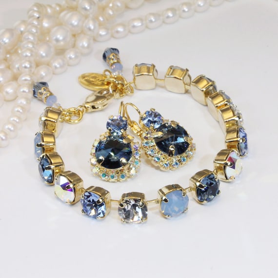Navy Blue Bracelet Earrings Set Gold Navy 8mm European Crystal Set Something Blue Denim Blue Navy Blue Wedding Tennis Bracelet,Gold,GB1