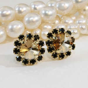 Brown Black Stud earrings European Crystals Champagne Black Post earrings Bridesmaids Earrings Wedding Jewelry,Gold,Golden Shadow,GE95