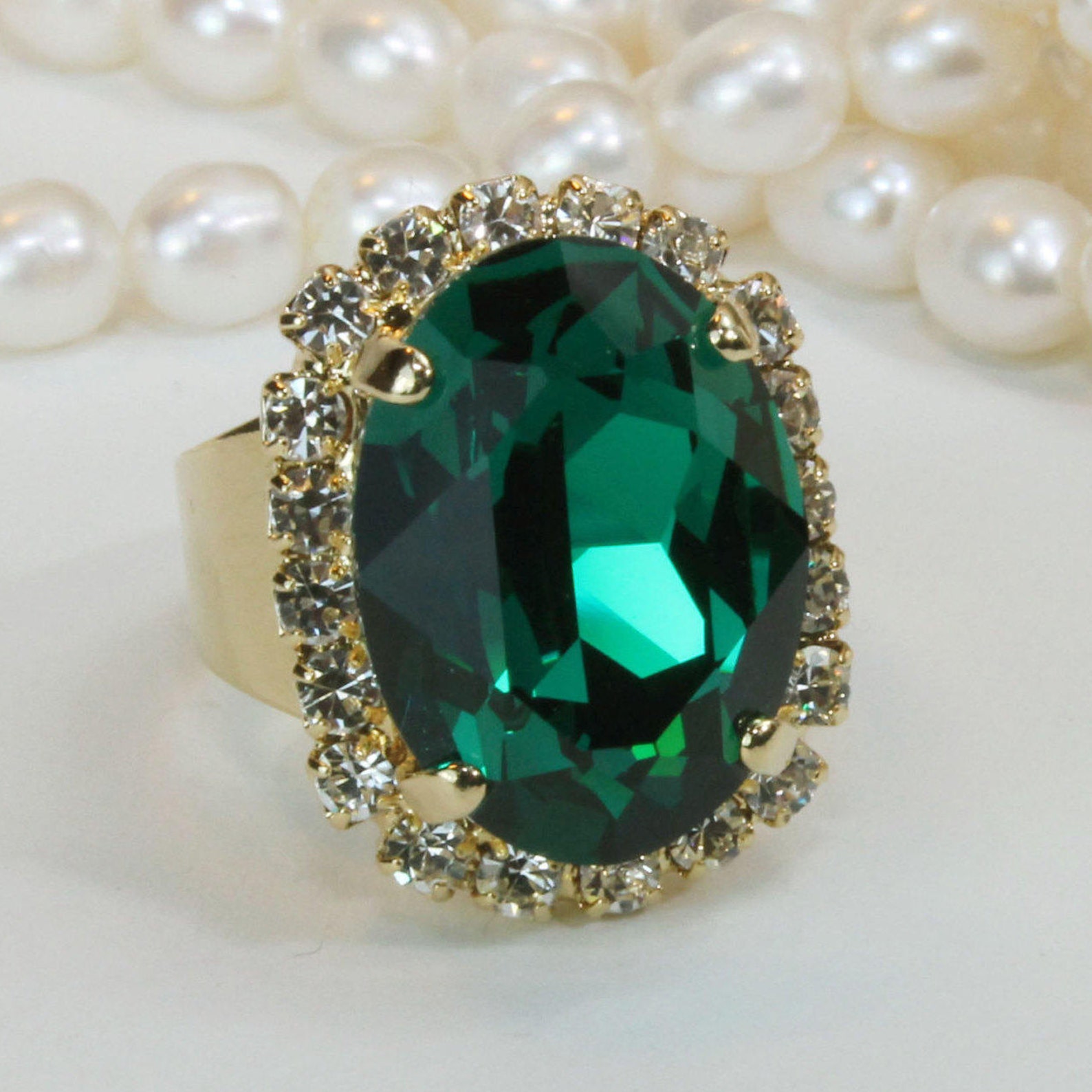Emerald Cocktail Ring Emerald Green Swarovski Crystal Ring Ivy | Etsy