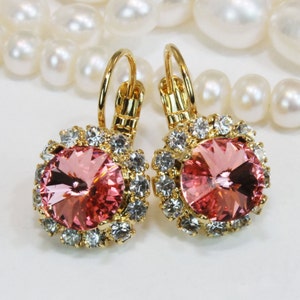 Pendientes de coral para novia, aretes colgantes de coral dorado, boda, cristal europeo Rivoli, rosa melocotón, halo transparente, regalo de dama de honor, oro, rosa melocotón, GE96