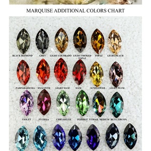 May include: Marquise cut gemstone color chart showing various colors including black diamond, grey, light Colorado topaz, light smoked topaz, light peach topaz, padparadscha, hyacinth, light Siam, Siam, sunflower, light plum, violet, fuchsia, chrysolite, peridot, vitrail medium, blue zircon, light aquamarine, dark aquamarine, sapphire, capri blue, cobalt, denim blue, and dark Montana.