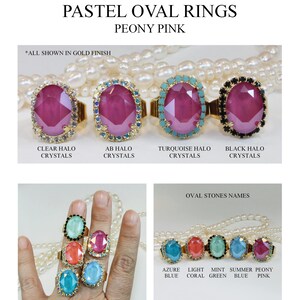 May include: Four gold rings with oval-shaped pink stones surrounded by clear, black, turquoise, and AB halo crystals. The rings are displayed on a white pearl necklace. Below the rings are five more rings with oval-shaped stones in turquoise, coral, green, blue, and pink. The text "OVAL STONES NAMES" is above the rings. The text "CLEAR HALO CRYSTALS", "AB HALO CRYSTALS", "TURQUOISE HALO CRYSTALS", and "BLACK HALO CRYSTALS" is below the first four rings.
