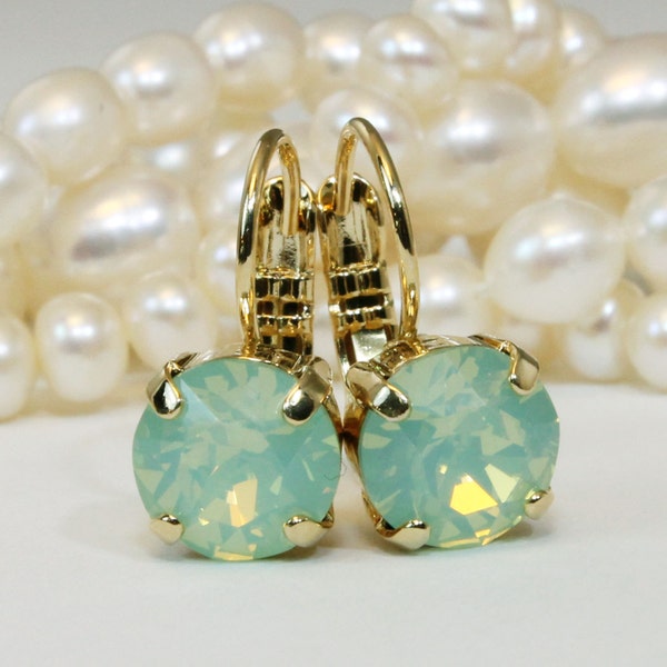 Mint Gold Earring Green Crystal Opal Gold Drop Earrings Mint Wedding 8mm earrings European Rhinestones, Gold finish,Chrysolite Opal ,GE2