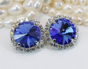 Sapphire Blue Crystal Clip earrings Royal Blue Clip Ons Electric Blue European Earrings Bridal Wedding Clear Halo,Silver,Sapphire,SE111