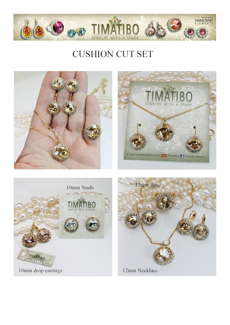 May include: A set of gold-tone jewellery featuring cushion-cut crystals. The set includes a necklace, a ring, a pair of earrings, and a pair of stud earrings. The jewellery is made with Swarovski elements.