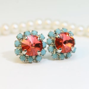 Coral Turquoise stud earrings Aqua Blue Coral Studs Post Earrings Choose your color, European Crystals, Silver finish,Padparadscha,SE95