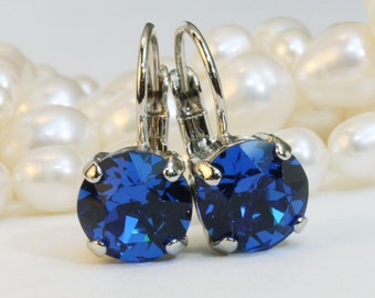 Royal Blue Drop Earrings Cobalt Blue European Crystal Royal Blue Bridesmaids Wedding 8mm single stone Rhinestone,Silver,Capri Blue, SE2