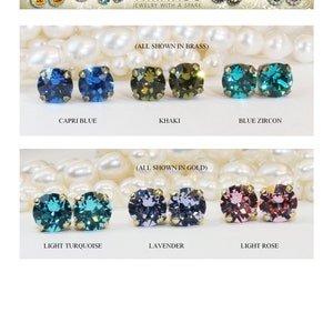 May include: Two rows of earrings with different colored stones. The top row shows earrings with Capri Blue, Khaki, and Blue Zircon stones. The bottom row shows earrings with Light Turquoise, Lavender, and Light Rose stones. The text "(ALL SHOWN IN BRASS)" appears above the top row and the text "(ALL SHOWN IN GOLD)" appears above the bottom row.