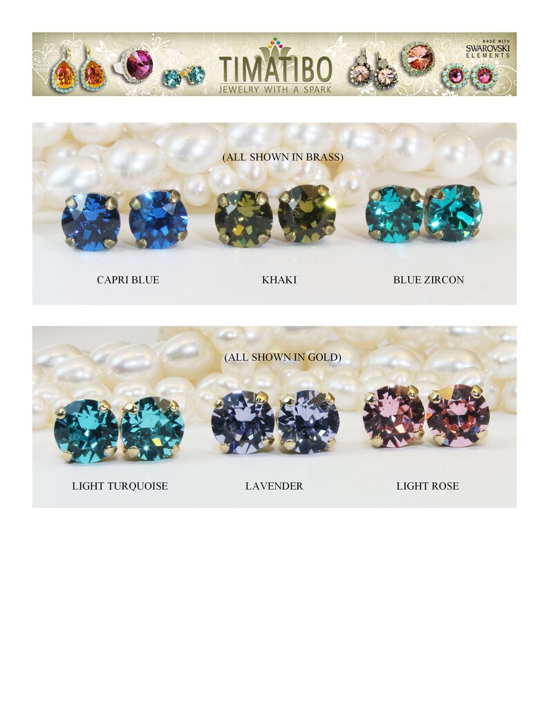May include: Two rows of earrings with different colored stones. The top row shows earrings with Capri Blue, Khaki, and Blue Zircon stones. The bottom row shows earrings with Light Turquoise, Lavender, and Light Rose stones. The text "(ALL SHOWN IN BRASS)" appears above the top row and the text "(ALL SHOWN IN GOLD)" appears above the bottom row.