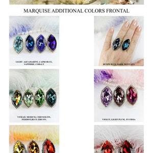 May include: Marquise cut gemstones in various colors, including light aquamarine, capri blue, sapphire, cobalt, denim blue, dark montana, vitrail medium, chrysolite, peridot, blue zircon, violet, light plum, fuchsia, sunflower, topaz, hyacinth, and light Siam.  The gemstones are set in silver rings.