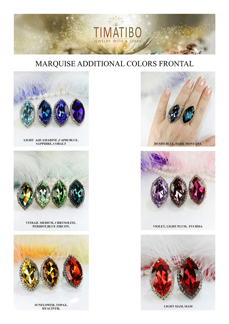 May include: Marquise cut gemstones in various colors, including light aquamarine, capri blue, sapphire, cobalt, denim blue, dark montana, vitrail medium, chrysolite, peridot, blue zircon, violet, light plum, fuchsia, sunflower, topaz, hyacinth, and light Siam.  The gemstones are set in silver rings.