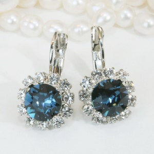 Navy Blue Bridesmaids Earrings European Crystal Drop Earrings Dark Blue Navy Wedding Jewelry Something Blue, Clear Halo,Silver,Montana,SE96