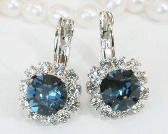 Bridesmaids Bleu Marine Boucles d’oreilles European Crystal Drop Boucles d’oreilles Bleu foncé Marine Bijoux de mariage Quelque chose de bleu, halo clair, argent, Montana, SE96