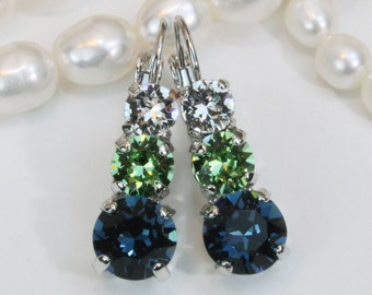 Seahawks Earrings, Blue Green Crystal Earrings, Game Day Jewelry, Cheerleader Drops, Football Jewelry, Crystal Dangle Earrings, Gift, SE45