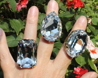 Huge Clear Rhinestone Ring, Large Cocktail Ring, Maximalist Jewelry, Valentines Day Gift, Adjustable Jumbo Ring, Extravagant Jewelry GR84
