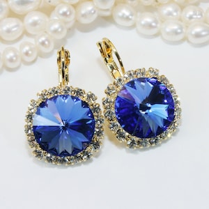 Blue Bridesmaids Earrings Sapphire Blue Royal Blue 14mm Dangle Drop Earrings Bridal European Crystal Sapphire Wedding,Silver,Sapphire,SE110