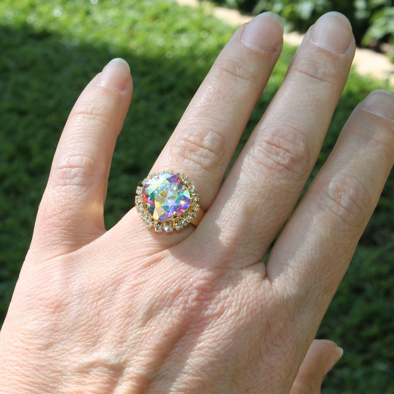 Aurora Borealis-ring, AB-kristallring, bröllopssmycken, cocktailring, iriserande kristallring, brudtärningsringar med statementmotiv, AB-örhängen, GR54 bild 3