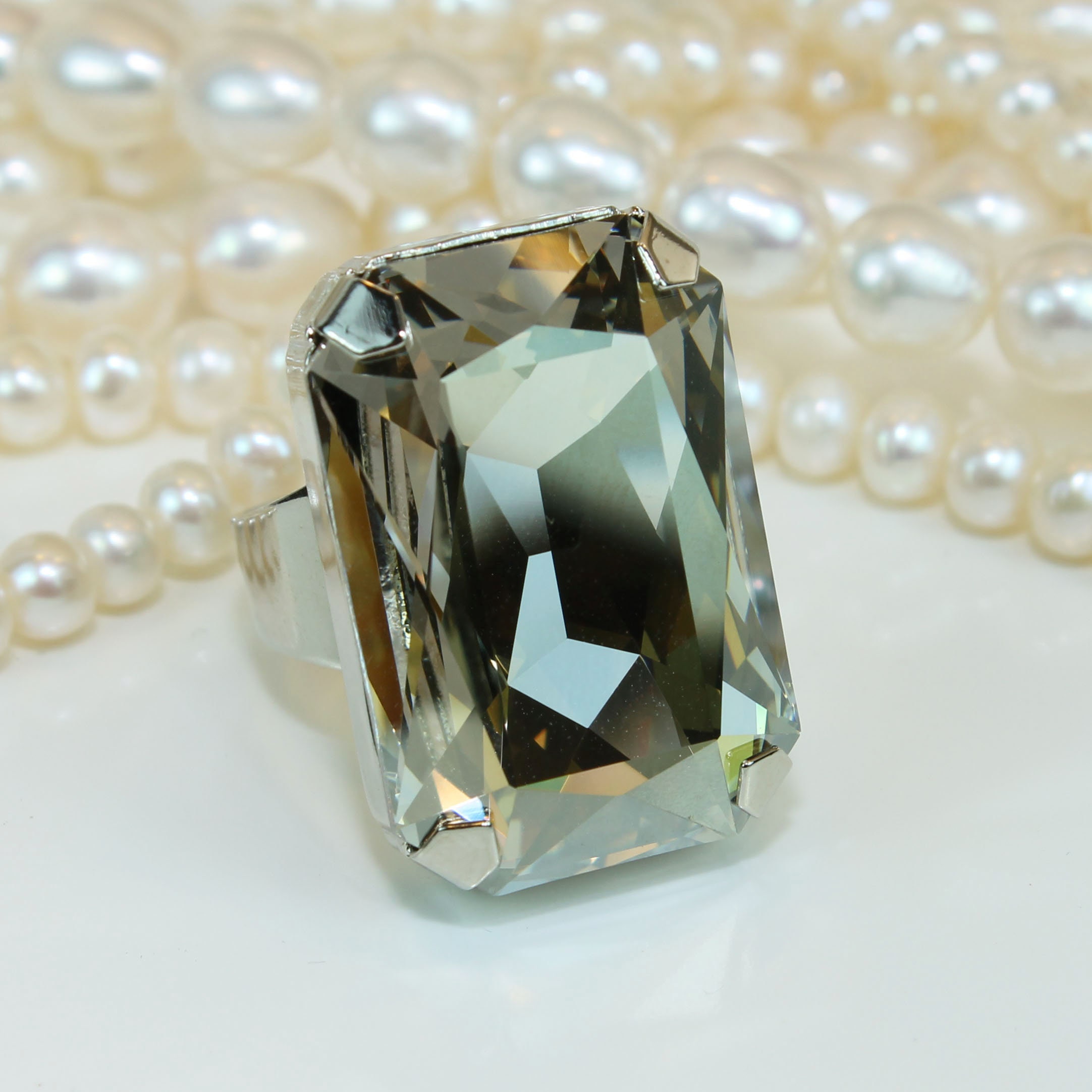 Large Grey Crystal Ring, Big Stone Cocktail Ring, Adjustable