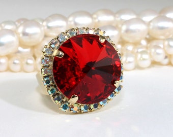 Red Ring Red Cocktail Ring Red European Crystal Ring Red Adjustable Ring Valentine&#39;s Halo Ring Red Statement Ring 18mm Rivoli Cut,Gold,GR48