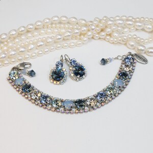 Blue Crystal Bracelet Earrings Matching Set Bridal Navy blue 8mm European Crystal Something Blue Navy Wedding Tennis Bracelet,Silver,SB52