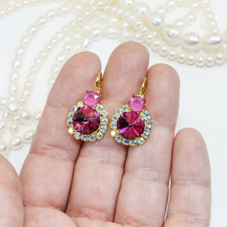Fuchsia Pink Bridal Earrings Swarovski Crystal Drop Earrings Etsy