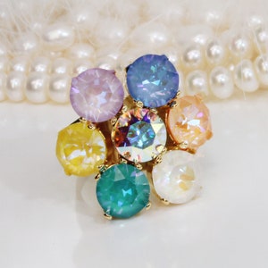 Multicolored Ring Rainbow European Crystal Opal Flower Pastel Adjustable Oversize Gift For Woman wedding Stage Drag Jewelry 8mm,Gold,GR71