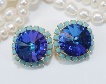 Royal Blue Clip On Earrings Turquoise Sapphire Blue European Crystal Clips Royal Blue Wedding 14mm Halo Rhinestone,Gold,Bermuda Blue,GE110